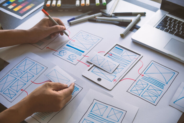 ux Graphic designer creative  sketch planning application process development prototype wireframe for web mobile phone . User experience concept